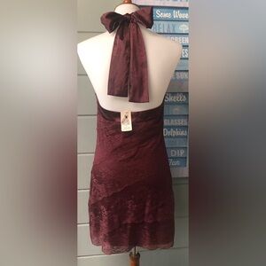 Twelve by Twelve~lace wine short  dress W/back satin bow tie, & low back NEW S